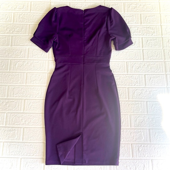 Miusol Retro 40’s Style Purple V-waist Puff Sleeve Bodycon Knee Length Dress - Picture 2 of 16